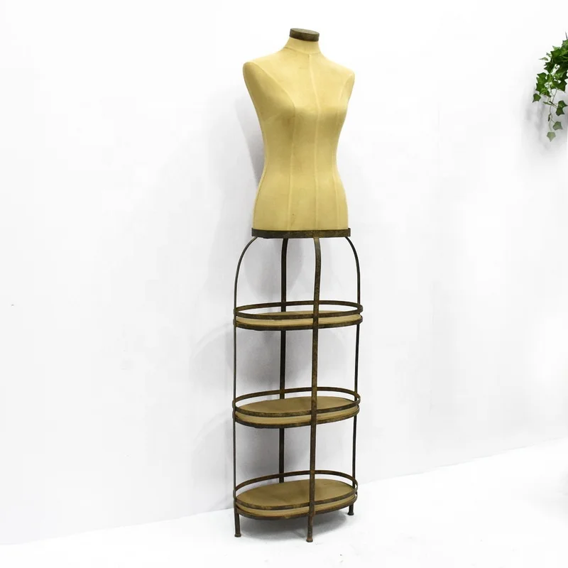 Luckywind Vintage Rustic fabric Plastic Wood Display Body Dress Form Female Mannequin With 3 tier Shelf