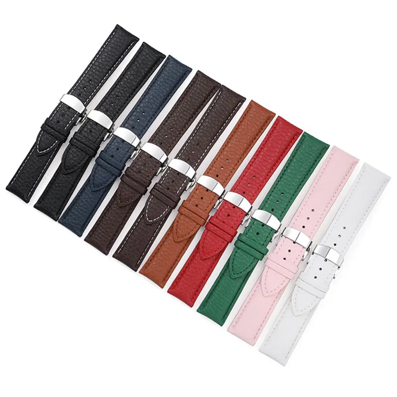 Eraysun Leather Watch Straps Pebbled Double Press Automatic Butterfly Buckle Genuine Leather Luxury For Smart Watch Accessories