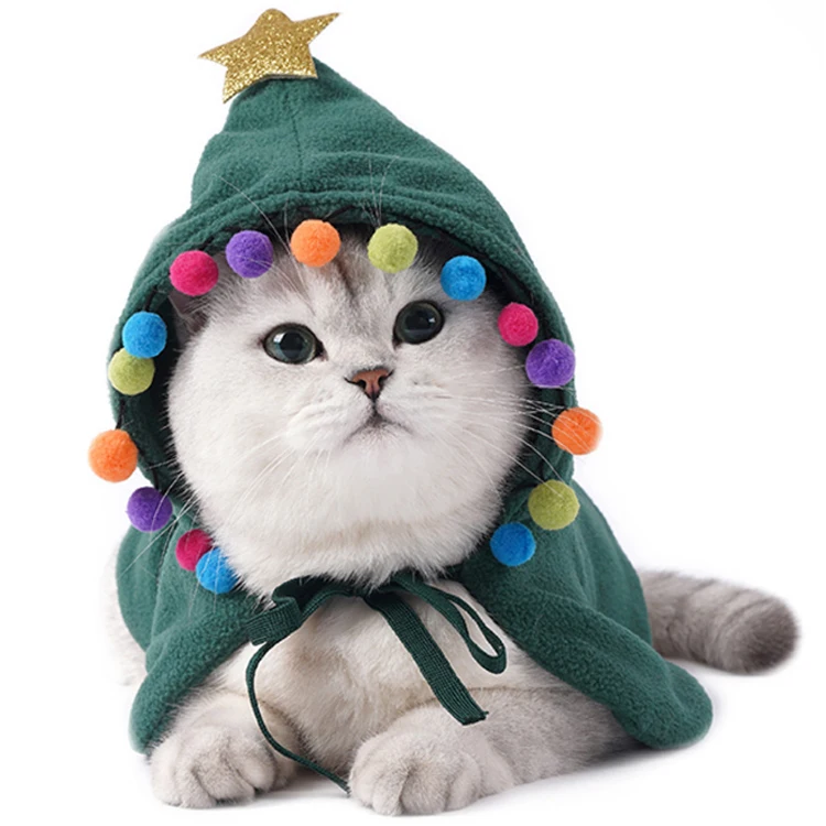 New Cute Design Fleece Christmas Tree Style Green Color Dog Cat Pet Cloak With Hat  Cat Clothes