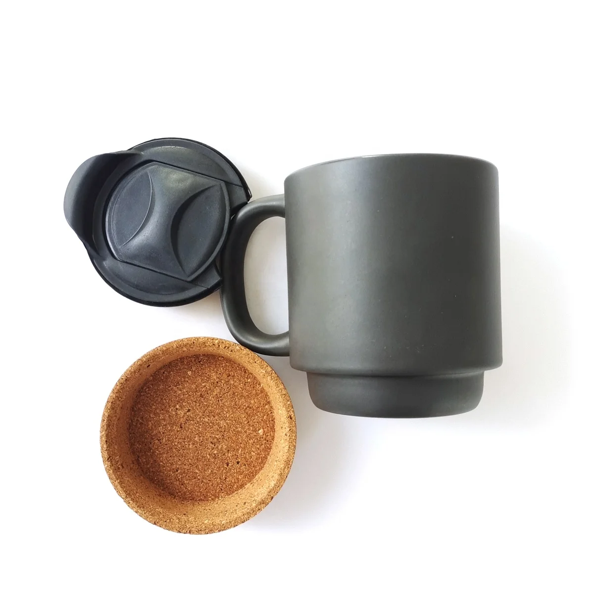 Manufacture Logo Printing 400ml Black Ceramic Coffee Mugs With Plastic Lid Cork Bottom