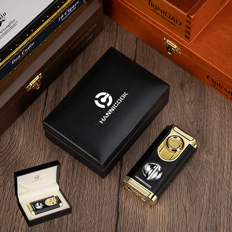 Refillable Windproof Luxury 3 Blue Flame Custom Logo Zinc Alloy Cigar Lighter With V Cutter Gift Box Cigar Accessories