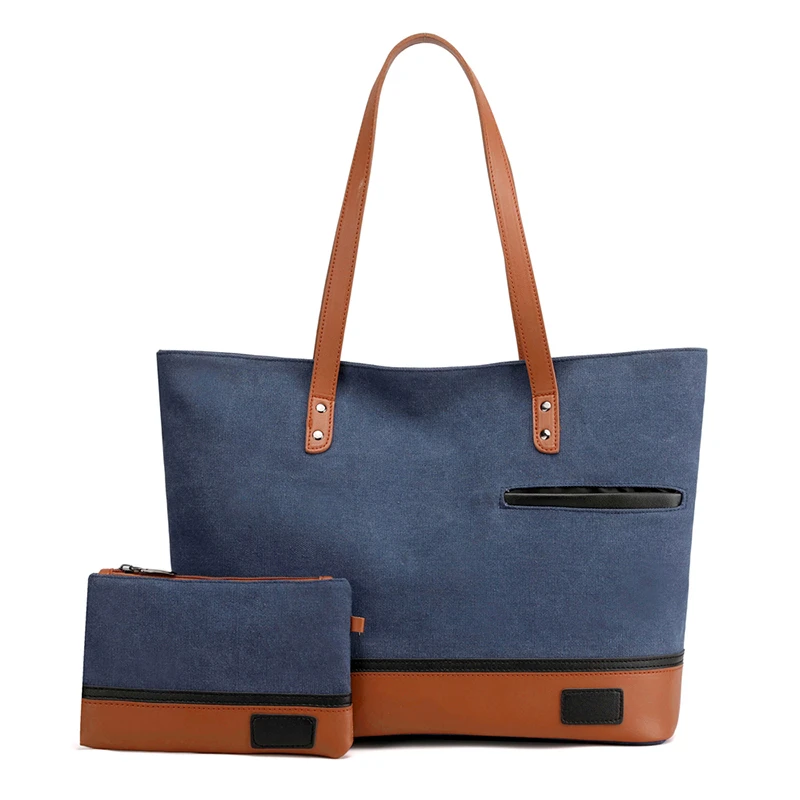 Custom outdoor nice fashion canvas beach bag with leather straps large canvas tote bag with clutch