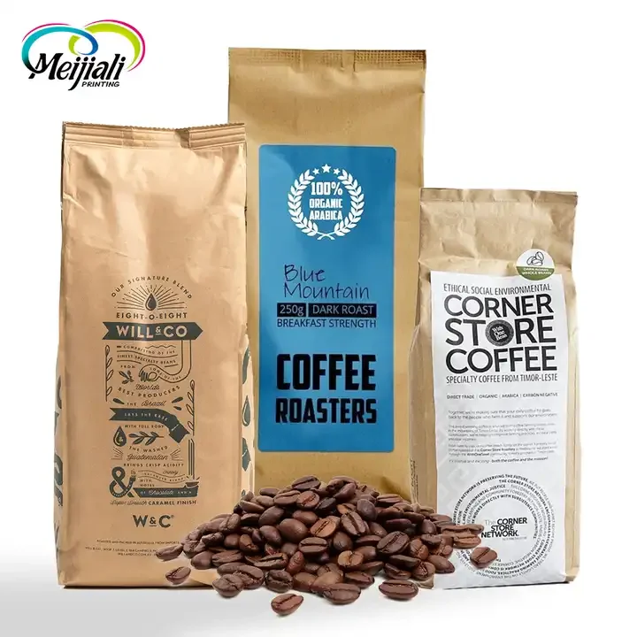 Custom Digital Printing Back Quad Seal Side Gusset Flat Bottom Pouch Composite Kraft Paper Coffee Bag With Zipper Tin Tie Valve