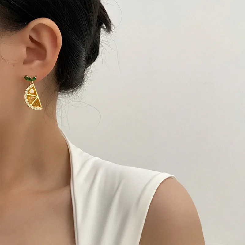 Hot Sale Fashion 925 Silver Needle Yellow Zircon Pave Fruit Lemon Stud Earrings For Summer