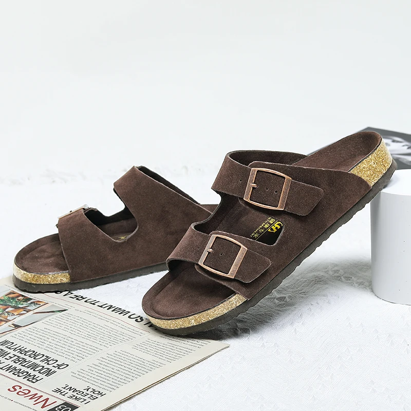 Greatslides Ladies Sandals With Buckle,Double-Buckle Leather Sandals,Slip On Cork Heel Sandals Or Hemp Heel Sandals