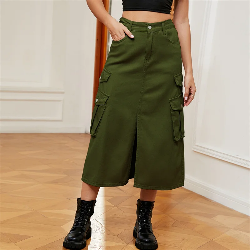 New elastic waist denim casual long skirt fashion solid color jean skirts for women