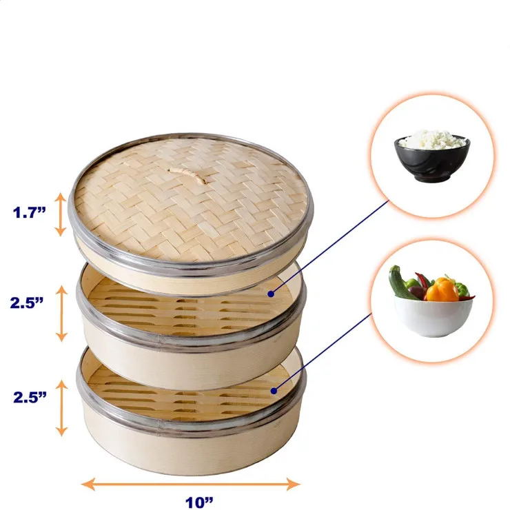 10inch 2 tier stainless steel bamboo steamer basket great quality wholesale manufacture handmade suit for sale