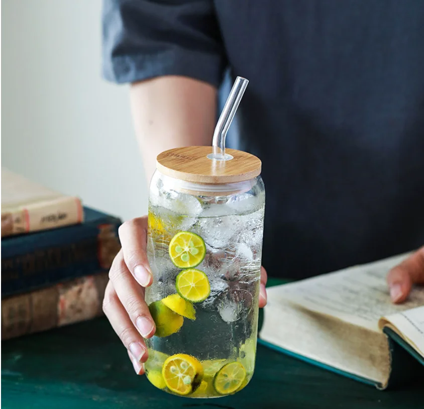 Hot sale glass beer mug 300ml 480ml glass can cup with bamboo lid and straw