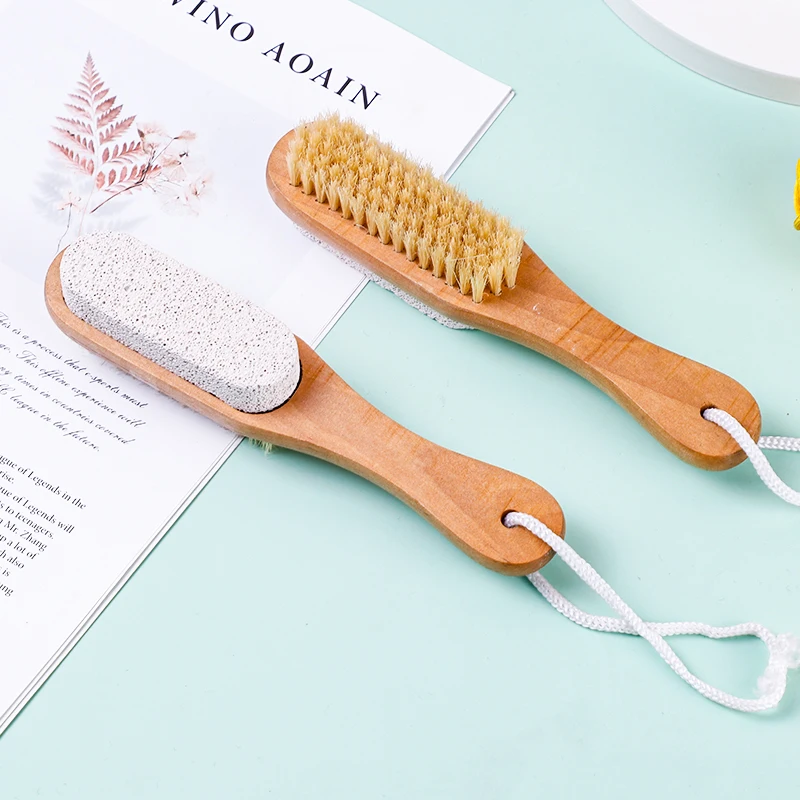 Wholesale Natural Double Side Foot Scrubber Exfoliator Brush Wooden Body Cleaning Pumice Stone Bath foot Brush