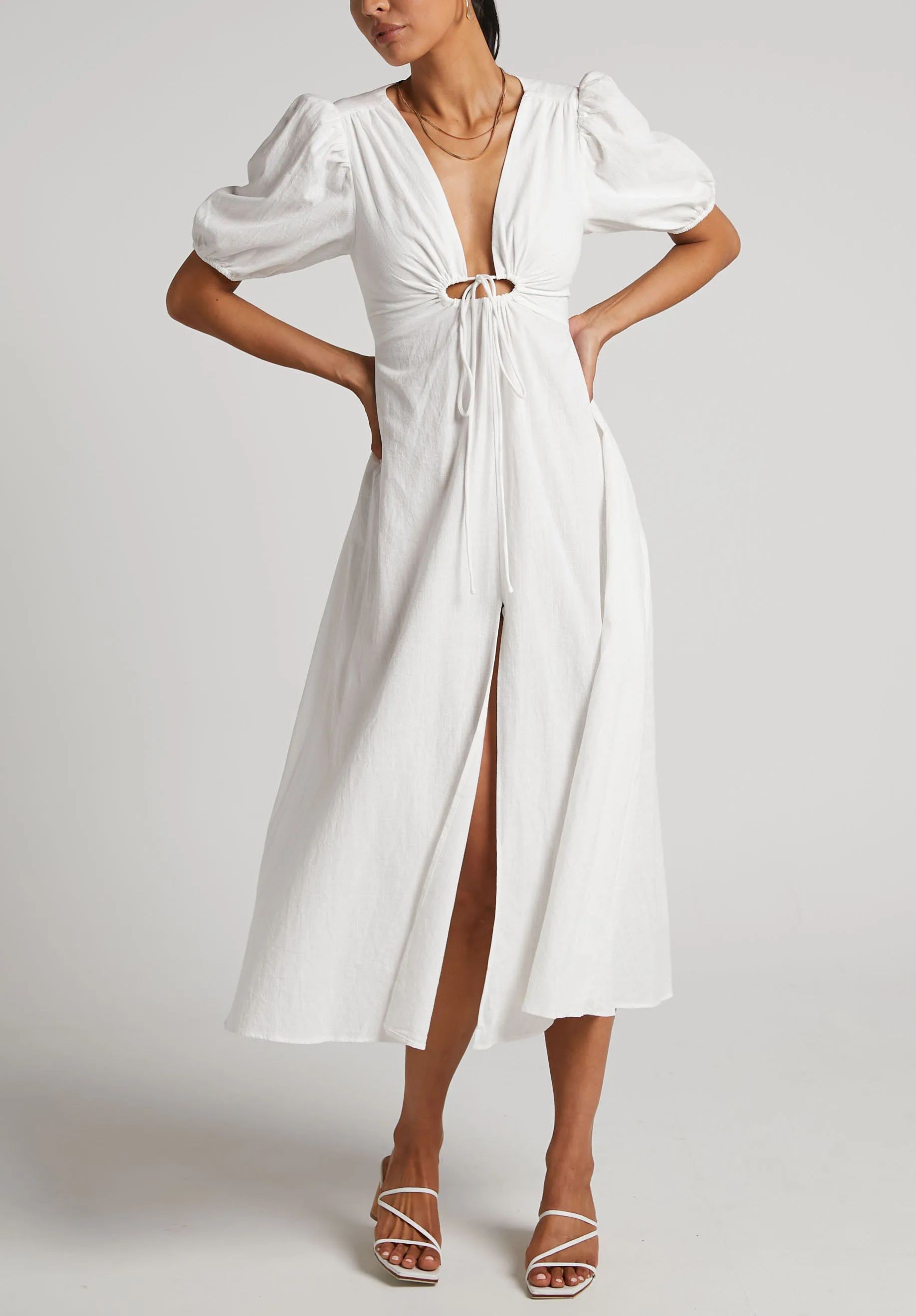 Wholesale Cotton Linen Long Midi Dress Custom Logo High Quality Front Slit Open Back White Clothing Women Summer Dresses