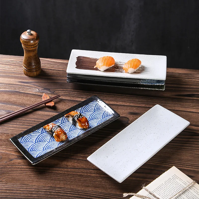 Rectangular Embossed Texture Sushi Plates 10 inch Ceramic Platters Japanese Style Porcelain Sushi Plate Set Dishes Decoration