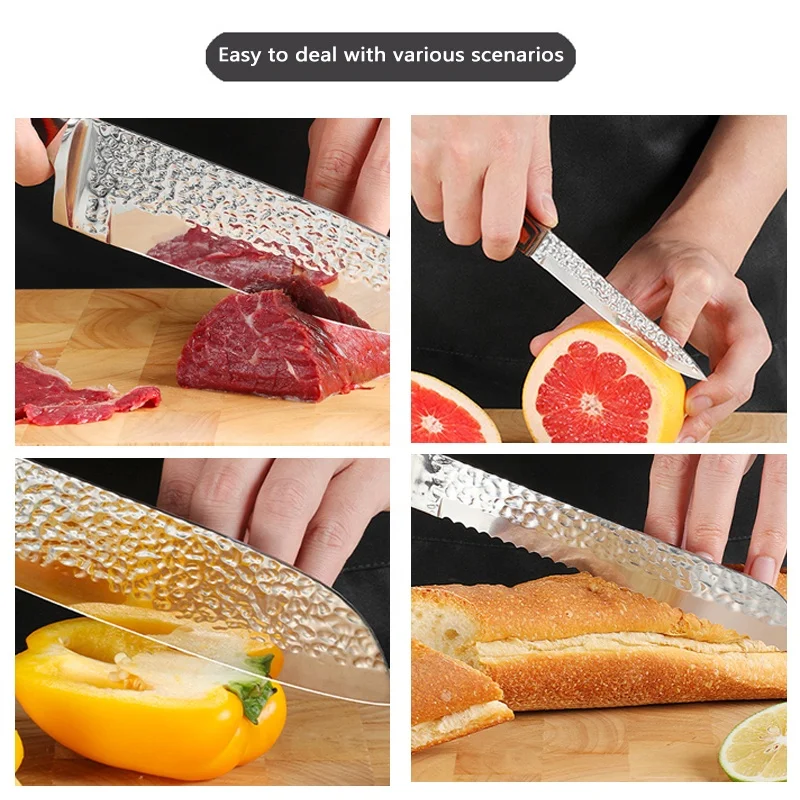 15 Piece Knife Set High Carbon Japan Stainless Steel Hammered Collection Knife Block Set with Wooden Self Sharpening for Chef