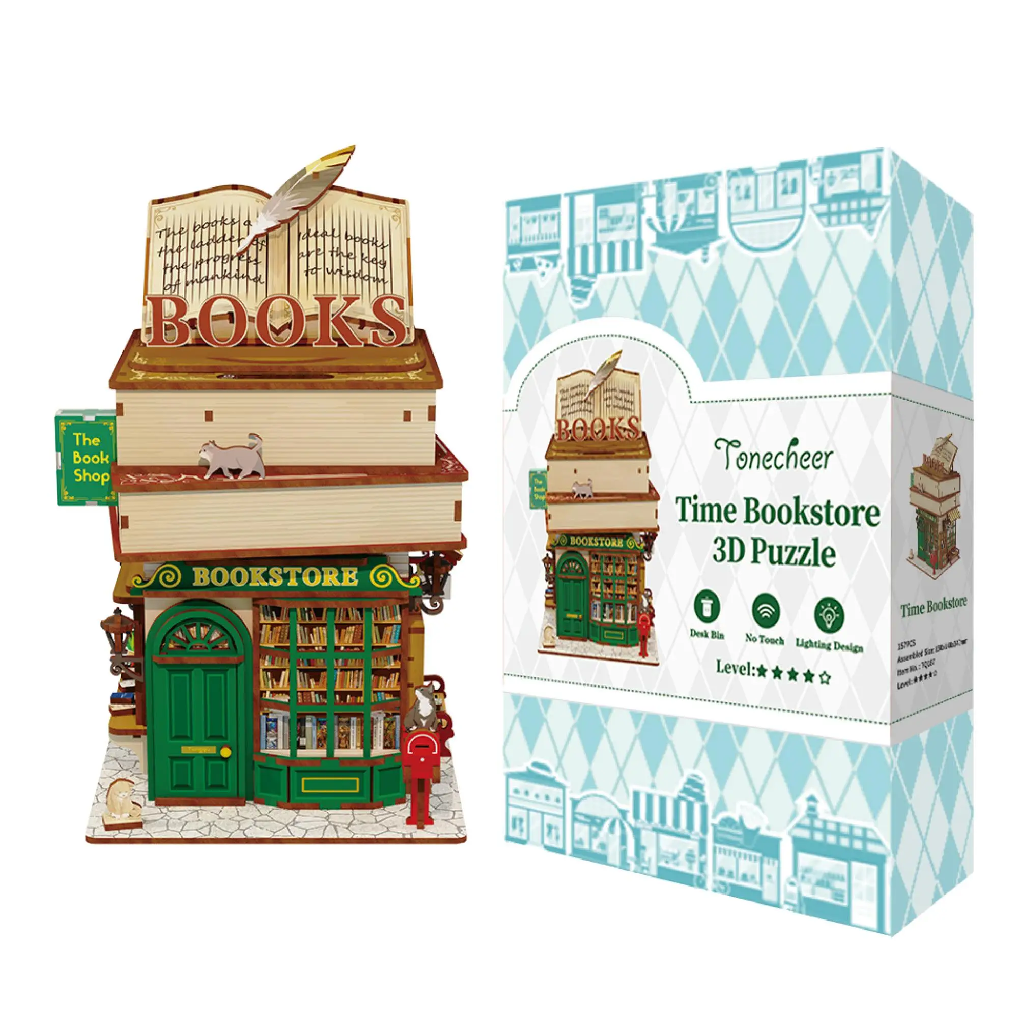 Tonecheer Time Bookstore 3D Puzzle Bookstore Model DIY Building Games Kids wooden assembly Puzzle Doll House