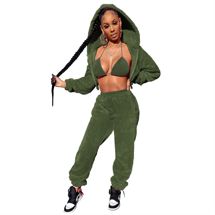 D12519 Fashion personality street trend hooded tops loose trousers winter clothes 3 piece set women sweatsuit 2021