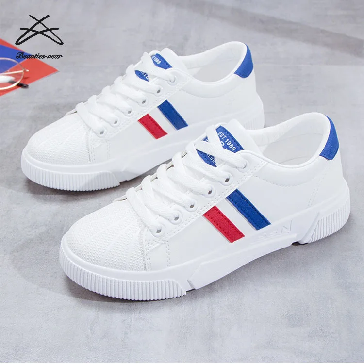 RTS Fashion new PU material women strip casual white sport school lace up shoes