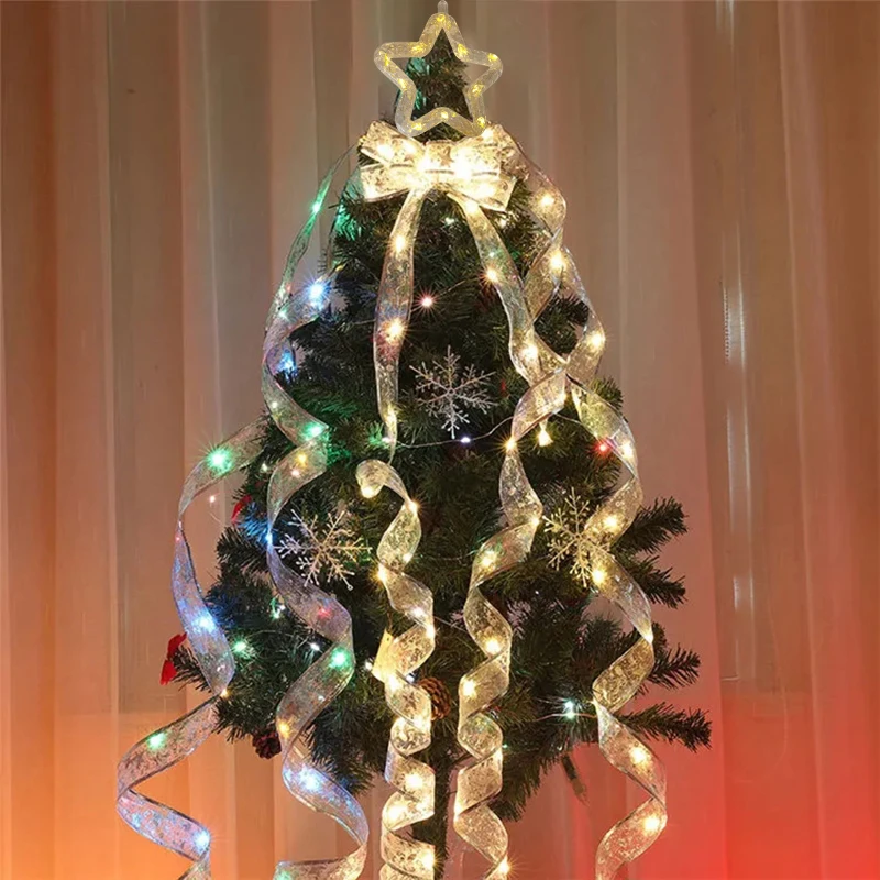 Silver Ribbon With Wire Edge Led Star copper wire String Light  For Christmas Decoration