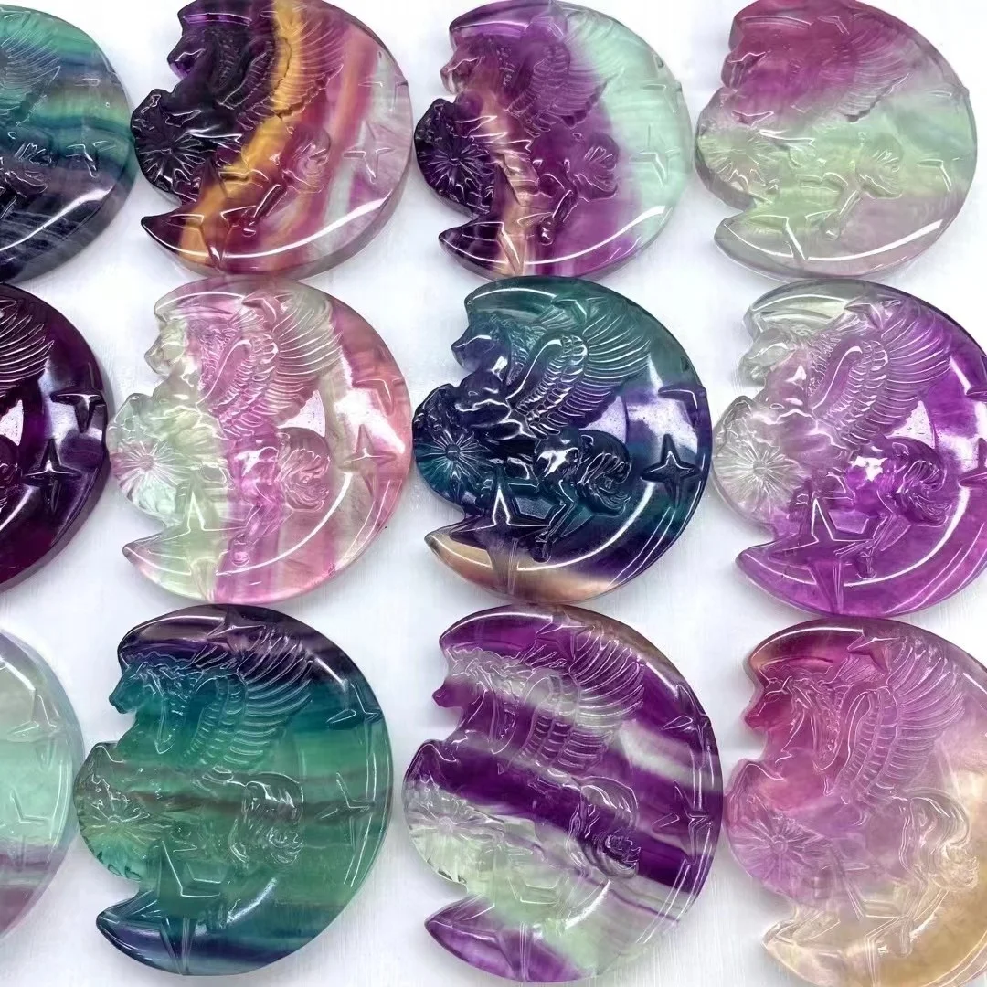 6.5-7cm Rainbow Fluorite Pegasus Figurine Natural Crystal Healing Stones Carved Crafts for Gifts