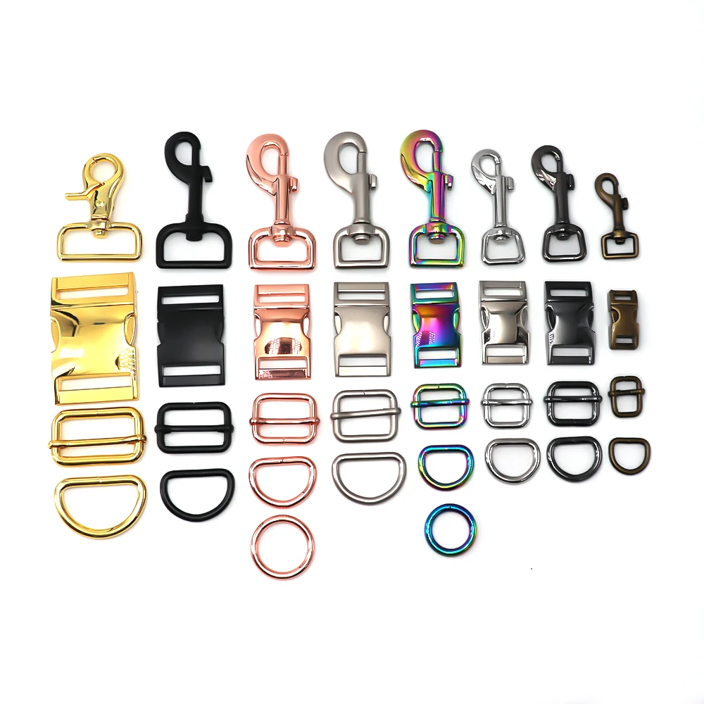 Dog Collar Hardware Metal Accessories Custom Color Size Tri-Grlide Side Release Buckle D Ring And Dog Hooks Sets