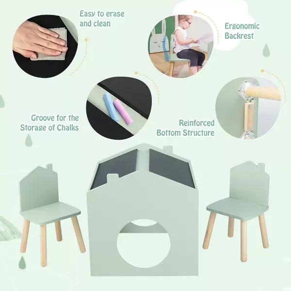 Kids Green Sensory Wooden Table and Chair Set with Blackboard for Drawing Reading Kids Study Table