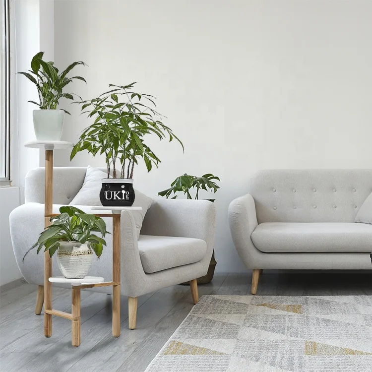 Ukiok 3 level Adjustable Bamboo Green Plant Stands Modern Wooden Flower Stand Indoor Outdoor