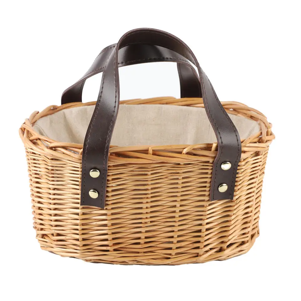 Wholesale Rattan  With Liner Wicker Picnic shopping  Bag PU Leather Picnic Storage Basket With Handles