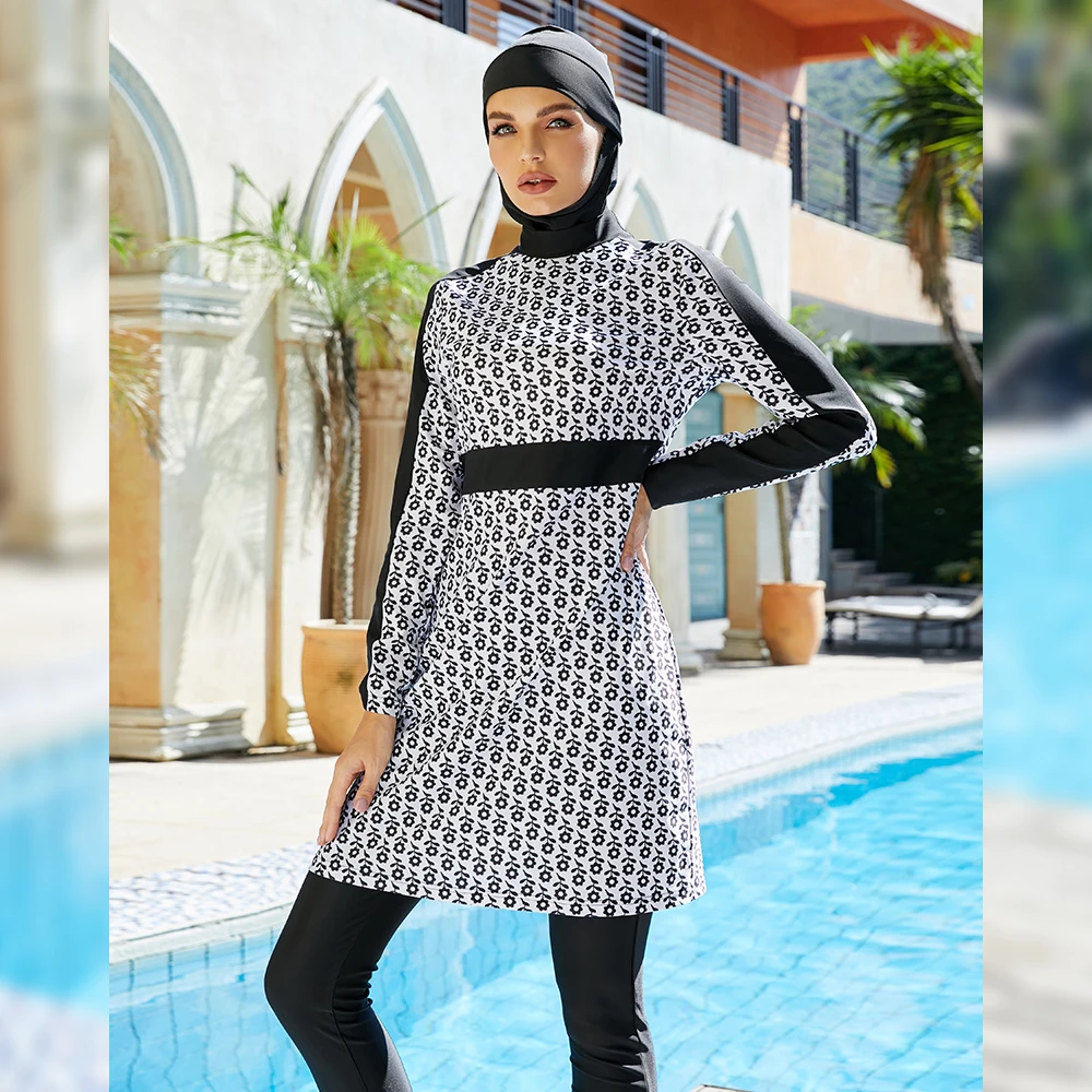 Women Black And White Full Cover Overall Muslim Swim Suit Islamic Hijab Muslim Swimwear Swimsuits 3 Piece Printed Beach Wear