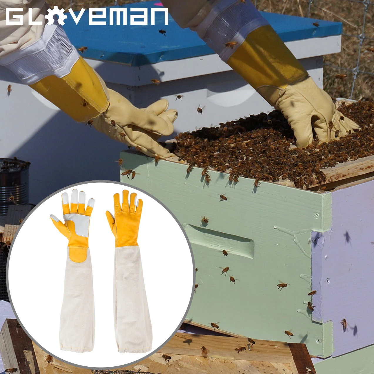 GLOVEMAN Thick Goatskin Cow Leather Canvas Long Sleeves Elastic Cuffs Beekeeper Protected Gloves for Beekeepers Hand Protection