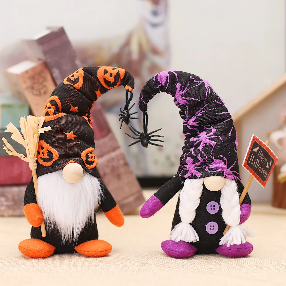 New Pumpkin Spider Print Faceless Dolls Couple Gnome Holding Broom And Sign For Happy Halloween Decorations Standing Plush Dwarf