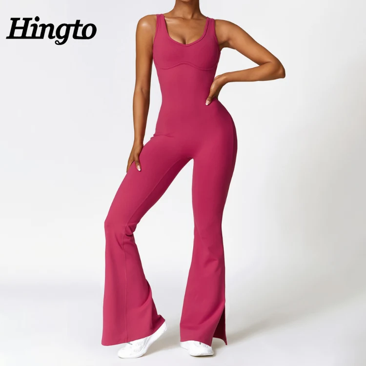 U Back Bodycon Full Length Flare bodysuit For Women One Piece Sport Jumpsuit Women Workout Gym Fitness Casual Yoga Jumpsuits