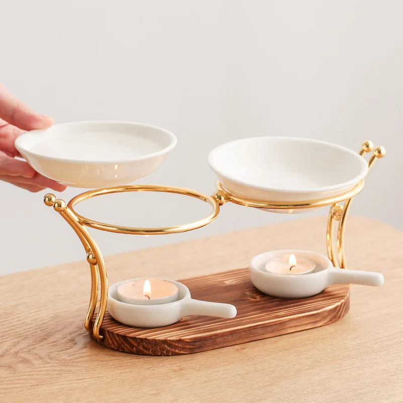 Wood bottom double arc double dish creative aromatherapy stove essential oil heating lamp Wax Melt Burner