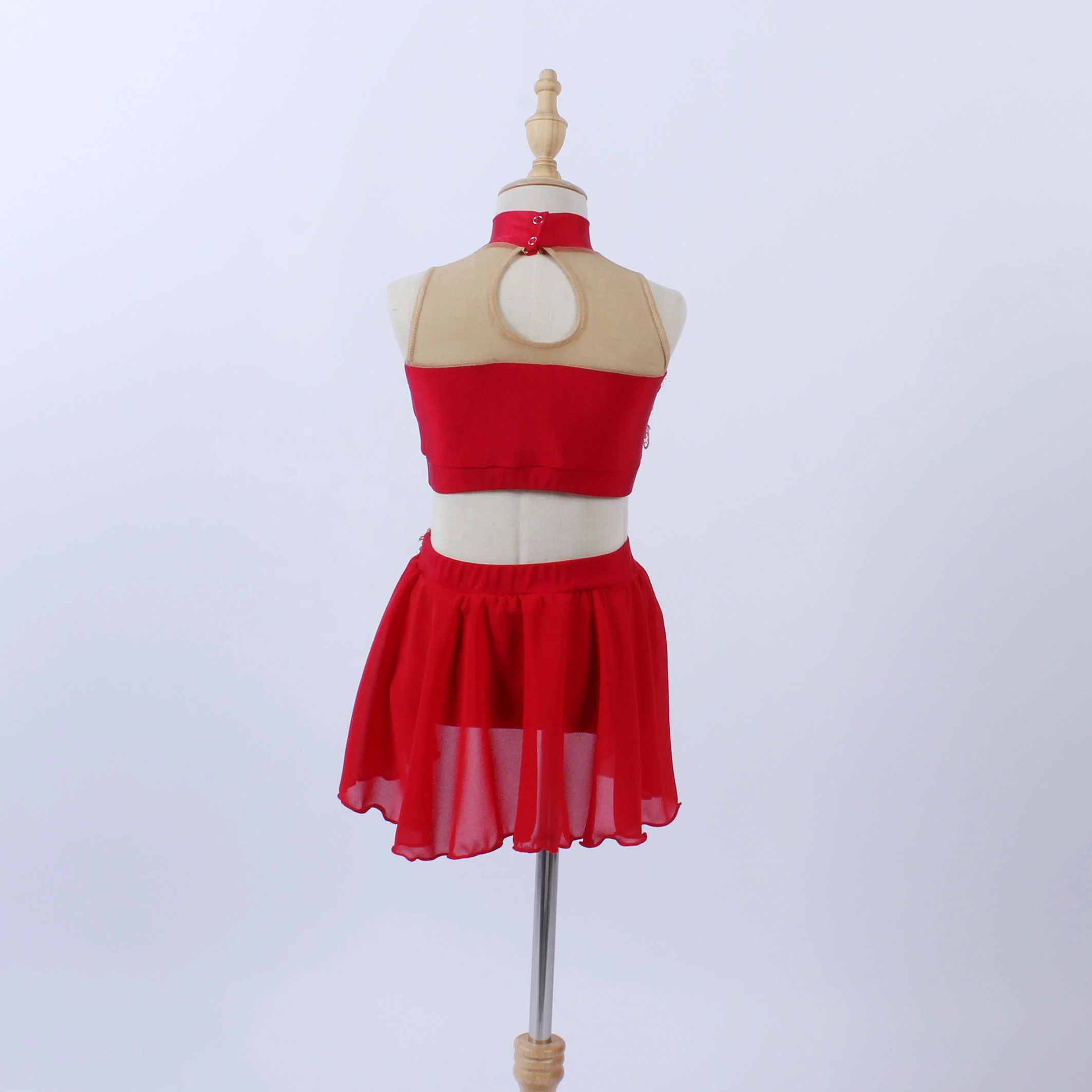 Girls spandex dance leotard two pieces red chiffon skirt practise dance wear Rhinestone applique stage performance dance costume