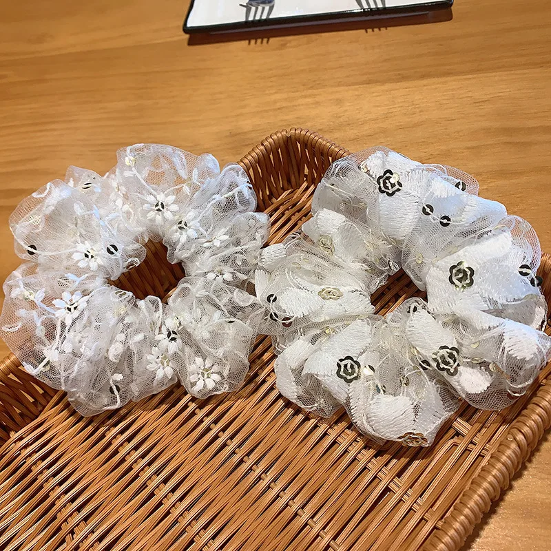 Embroidery White Lace Elegant Lady Summer Scrunchies Breathable Women Hair Bands Retro Large Hair Tie