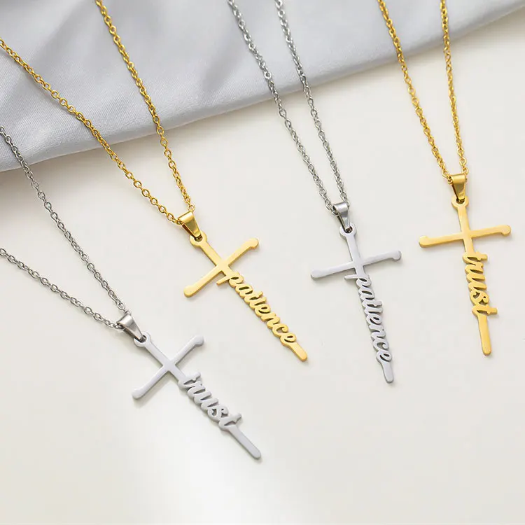 Hot Selling Religious Necklaces Jewelry High Quality Thicken Stainless Steel Trust Patience Hope Blessed Cross Charm Necklace
