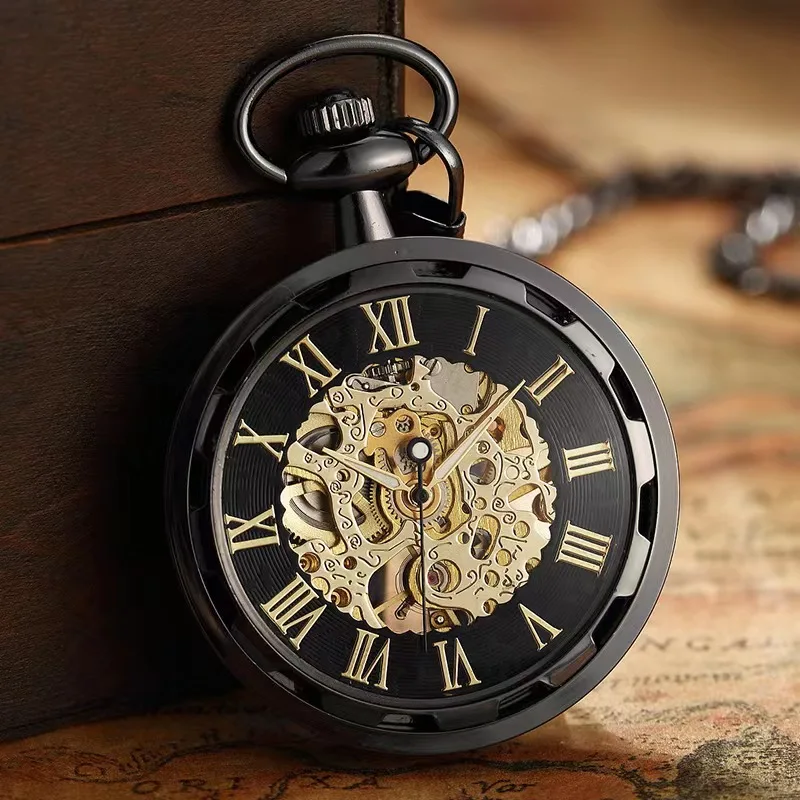 Vintage Watch Necklace Steampunk Skeleton Mechanical Fob Pocket Watch Clock Pendant Hand-winding Men