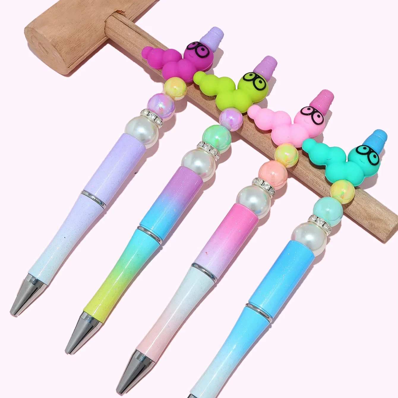 Popular DIY Beadable Pen Assorted Ballpoint Pen Caterpillar Print Silicone Beads DIY Beadable Pens