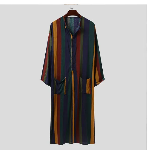 Hot Selling Cotton Khamis Arab Islamic Clothing Daffah Robe Stripe Thobe Men Muslim Abaya Moroccan Thobe With Pocket