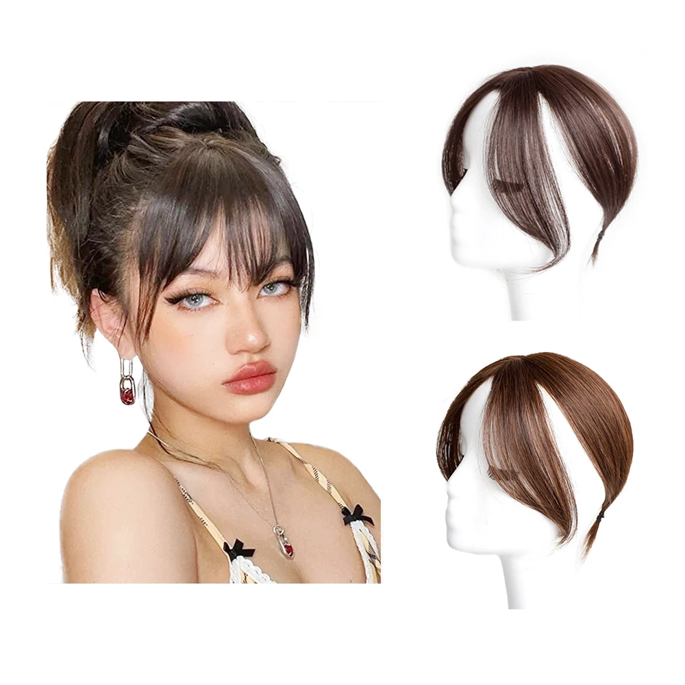 Shinein Natural Brown Blunt Cut Clip in Extension Bangs Wispy Curved 3D Air Hair Bangs Fringe with Temples Hairpieces