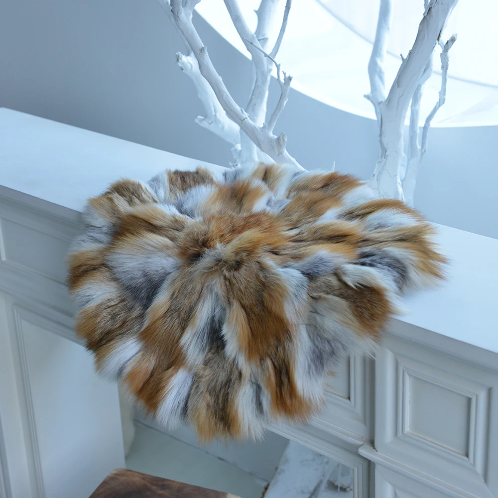Natural Fox Fur Car Seat Cover Square Cushion Universal Size Fit for Auto, Chair and Armchair