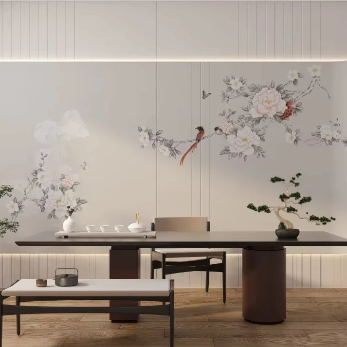 Zhenling Peony Flower Embroidered Bird silk Wallpaper for interior house wall decor