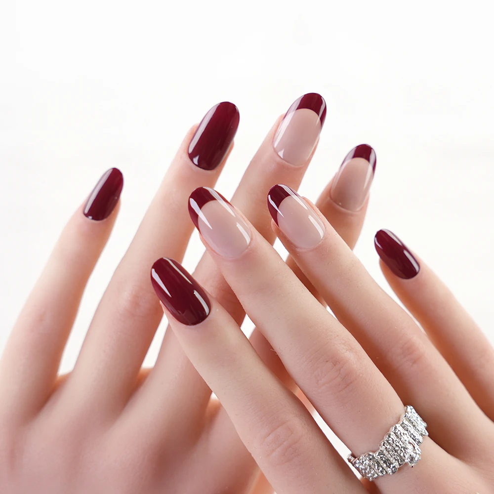Verified Suppliers Supply Free Sample False Nail Wine Red French Finish Easy Apply Reusable Decorated Artificial Press On Nails