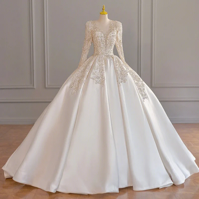 MANYLIYA French wedding dress bride long sleeves heavy V-neck satin high-quality texture main wedding dress