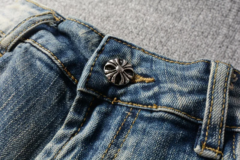 KX05 High street personality mens casual jeans cross embroidered plus size men jeans printed slim pants