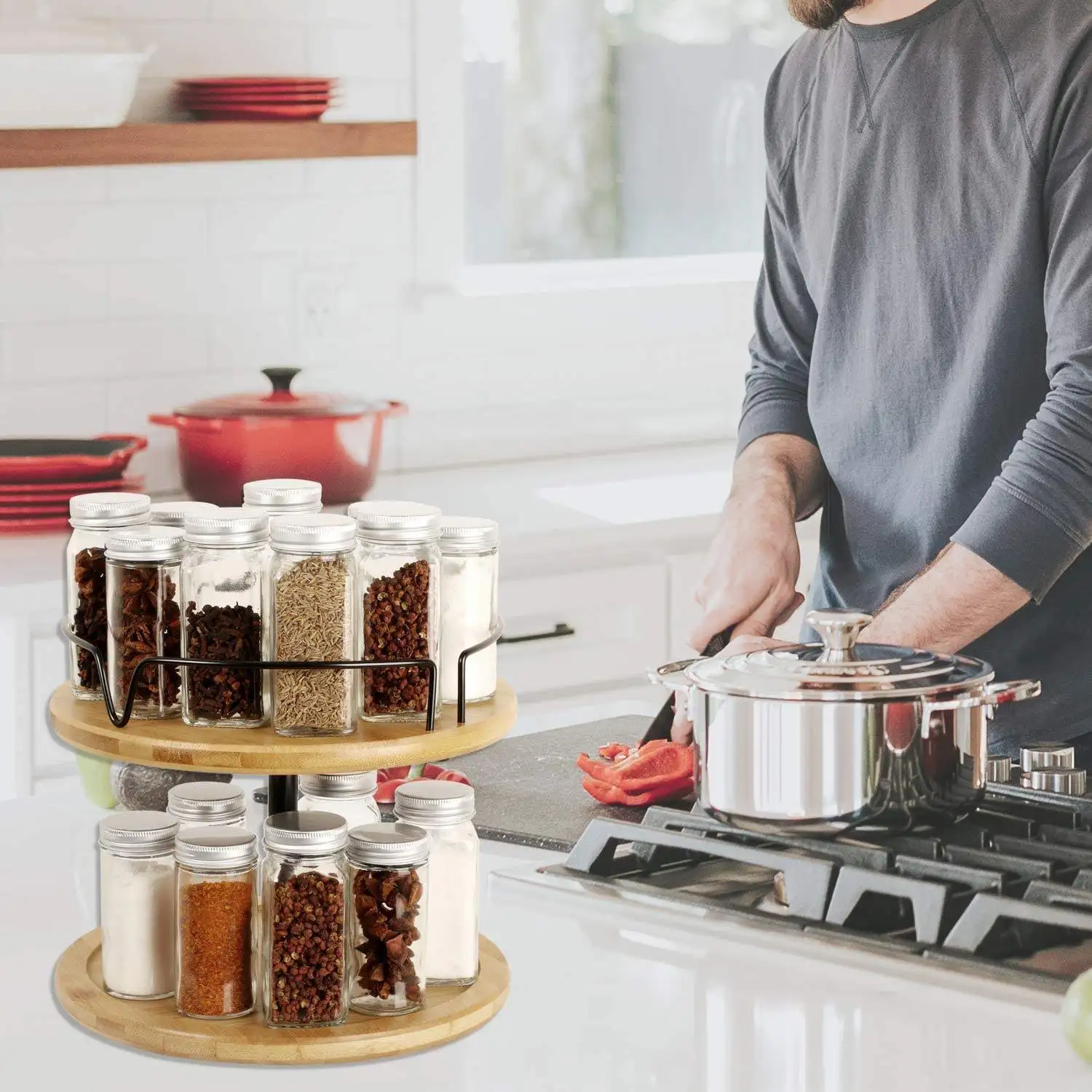 Round Bamboo Revolving Spinning Spice Rack Holder Home and Kitchen Items Countertop Round Wooden Rotating Spice Rack Organizer