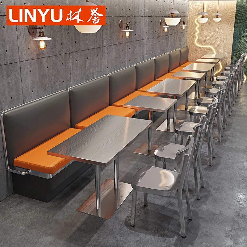 Panama chrome brushed plated SS Stainless steel western pizza canteen restaurant sofa table and chair furniture for bar cafe