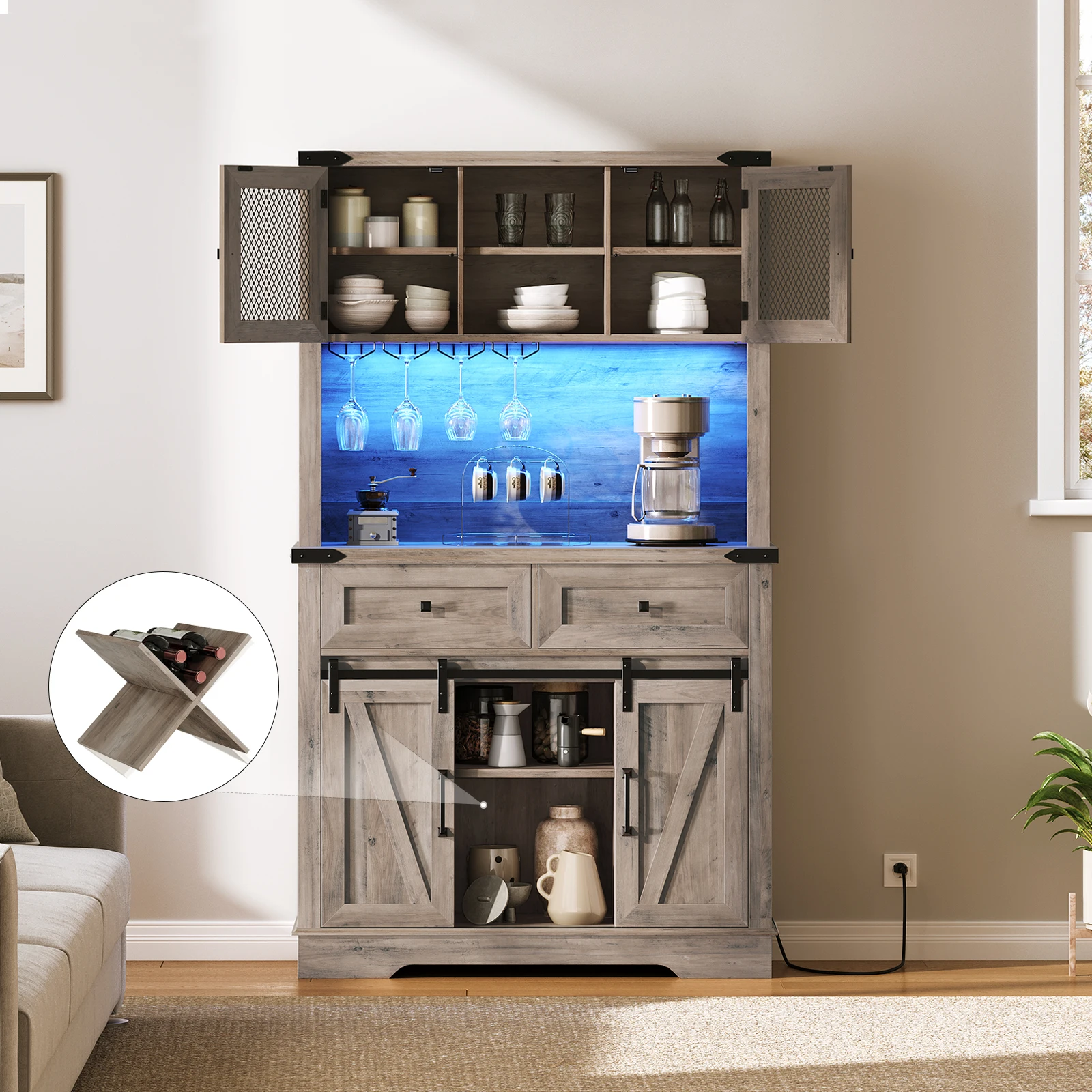 Wholesale Wine Cabinets, HOOBRO Brand Wine Bottle Stand with Wine Glass Holder, Wine Rack with Tall Cup for Home Bar