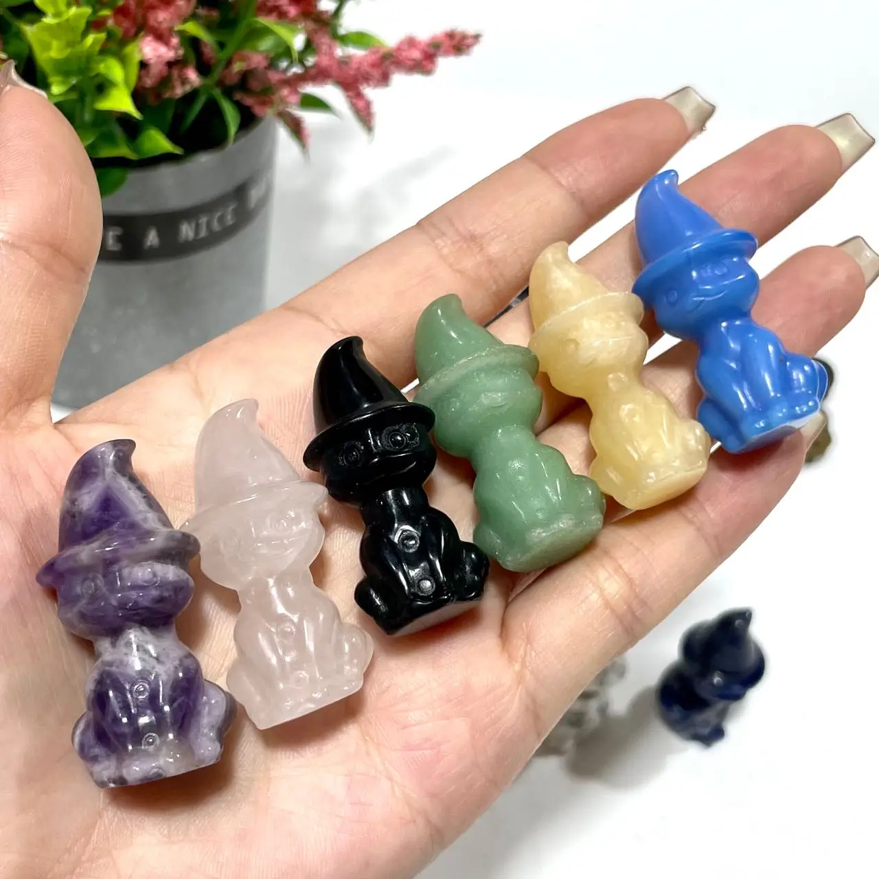 Healing Reiki Halloween Decorations Natural Stone Quartz Crystal Carved Wizard Hat Cats Polished Gemstone Craft 4cm