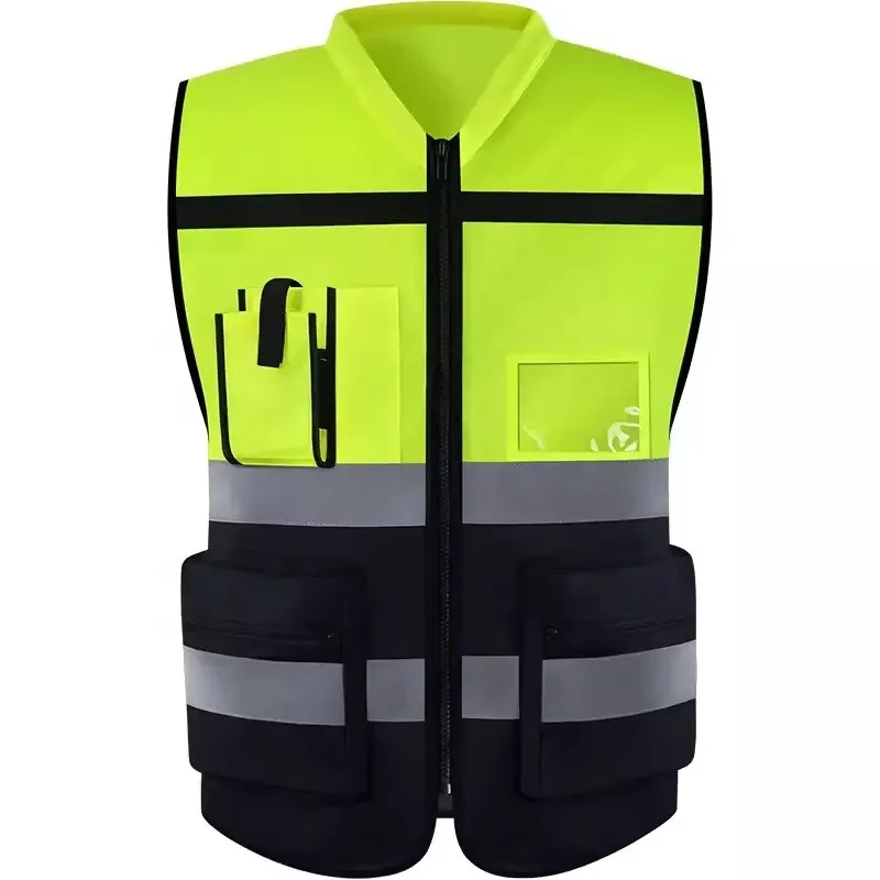 Two-Tone Reflective Safety Vest for Motorcycles Hi-Vis Polyester Jacket with Pocket Breathable Fluorescent Customizable Logo