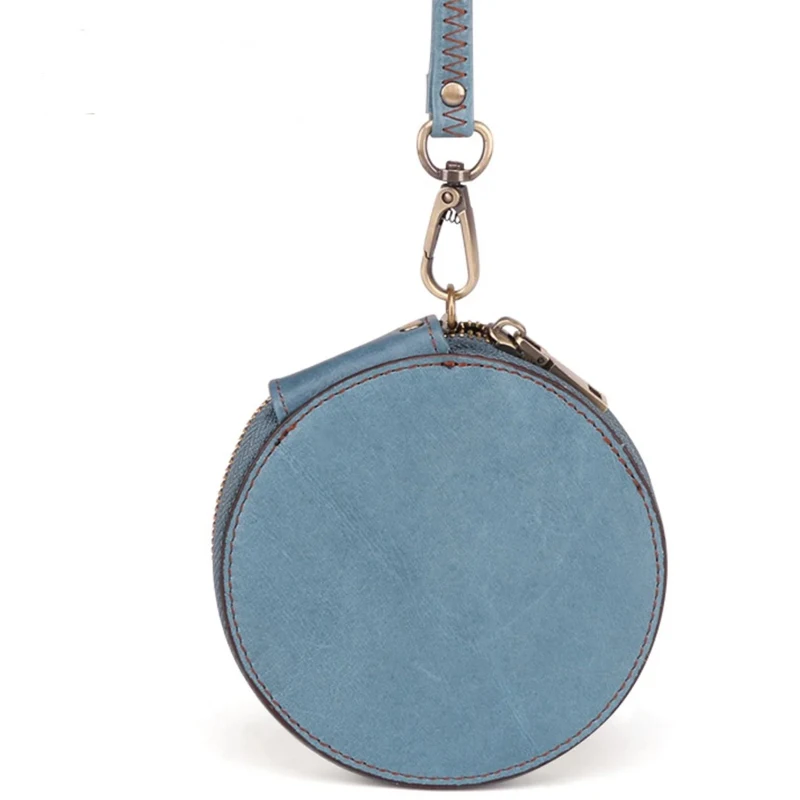 Real Leather Women Coin Purse Zipper Custom Round Leather Coin Wallet Pouch Bag Small Mini Coin Purse with Wristlet