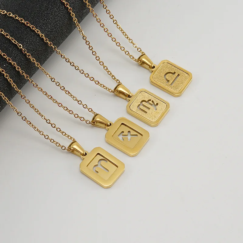 Factory Price Stainless Steel Hollow Frosted Gold Glitter Star Sign Necklace 12 Constellations Square Pendant Horoscope Necklace