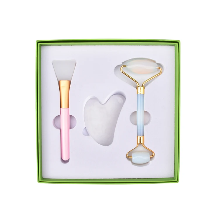 Hot Sell  Natural Stone White Opal Face Roller Jade Roller And Guasha In A Box 3 In 1 Set Beauty Facial Anti Aging For Women